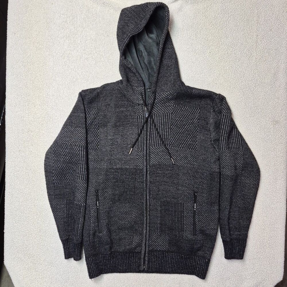 Shein Mens Large Black Grey Hooded Zip Up Sweatshirt Jacket Outerwear Hoodie